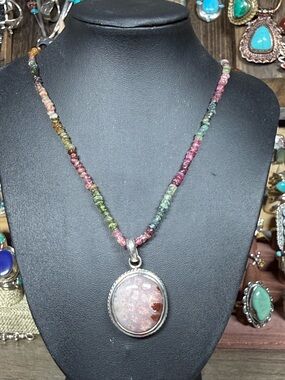 Multicolor Tourmaline Beaded Necklace with Oval Pendant - Unbranded